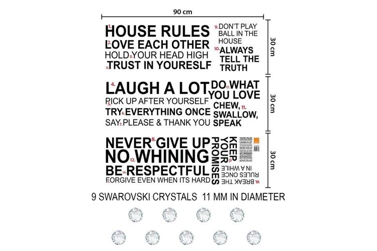 Wand-Tattoo Crystal House Rules Quotes mit Swarovski-Kristallen